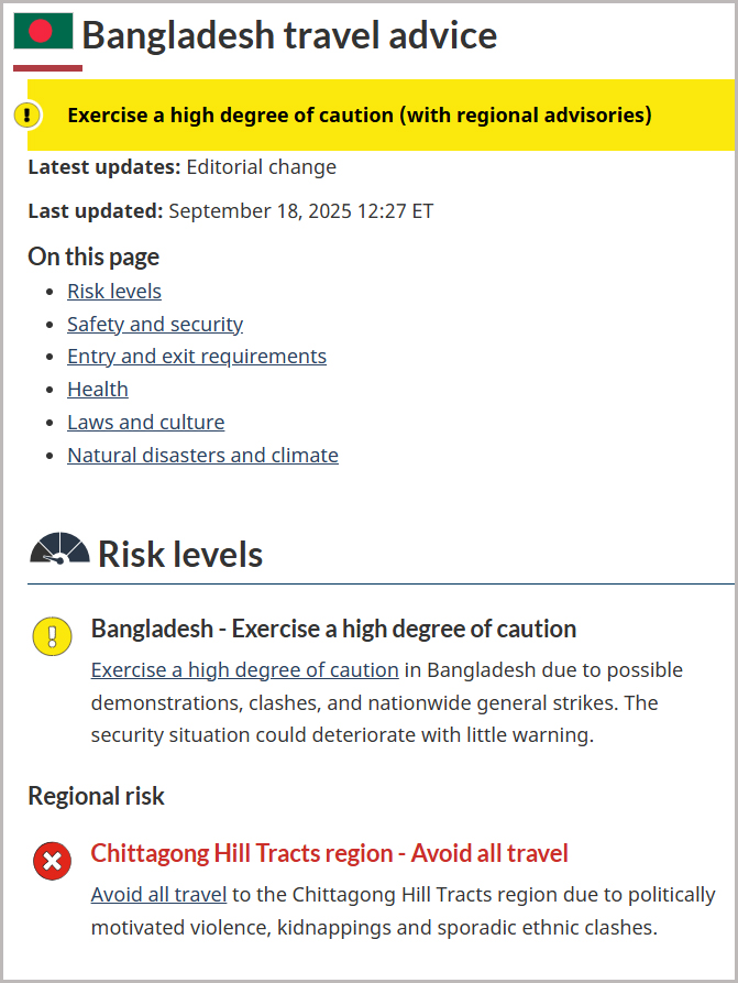 কানাডা সরকারের সতর্কতা: বাংলাদেশে ভ্রমণে উচ্চ সতর্কতা, পার্বত্য তিন জেলায় ভ্রমণ নিষেধ
