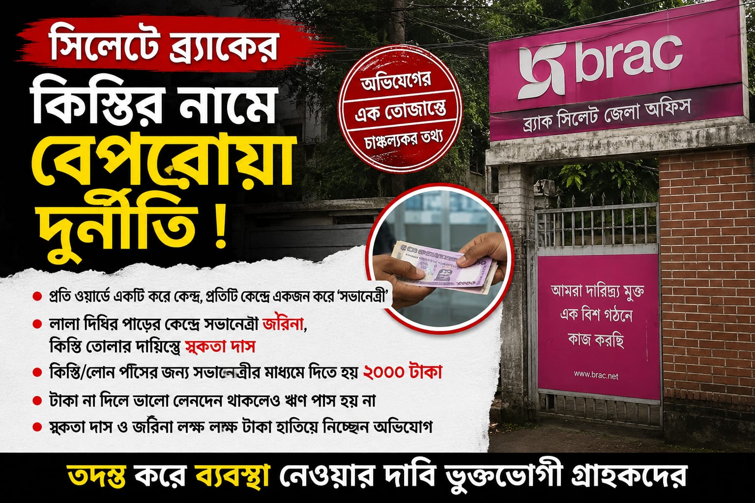 ব্র্যাকের ব্যাংকের কিস্তি আদায়ে অনিয়ম, ২ হাজার টাকা ঘুষ না দিলে ঋণ অনুমোদন না হওয়ার অভিযোগ 