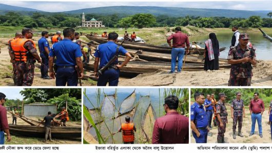কোম্পানীগঞ্জে অবৈধ বালু উত্তোলন: ৭০ বারকি নৌকা ধ্বংস, আটক ২
