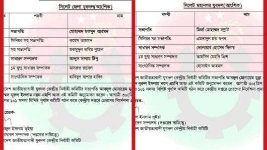 সিলেট জেলা ও মহানগর যুবদলের আংশিক কমিটি ঘোষণা